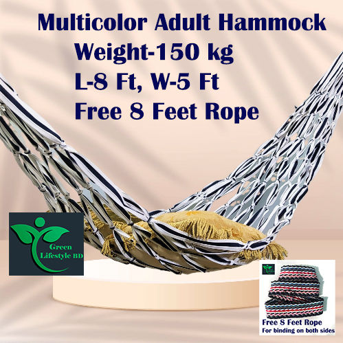 Multicolor Handmade Hammock/Dolna Weight-150 kg, L-8 Ft, W-5 Ft, Free 8 Feet Rope Hammock With Matching Hammock High Strength Nylon Fabric Hanging Bed