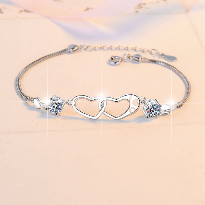 Moissanite Bracelet Women's 1 Carat Korean Version Heart-Shaped Double Ring Bracelet Gift Cross-border Wholesale Manufacturer 925 Sterling Silver Jewelry