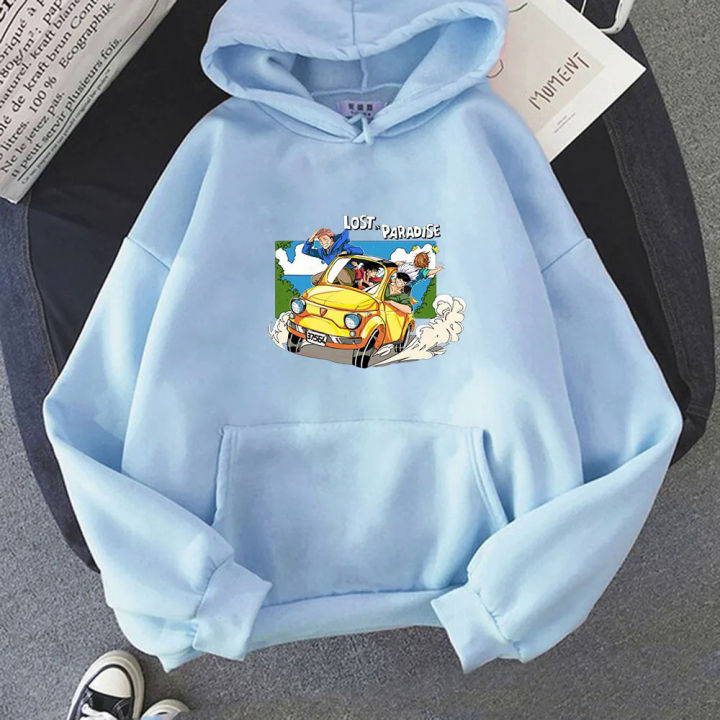 Aesthetic Blue Hoodie Guy Jujustu Kaisen Vehicle Printed Graphic