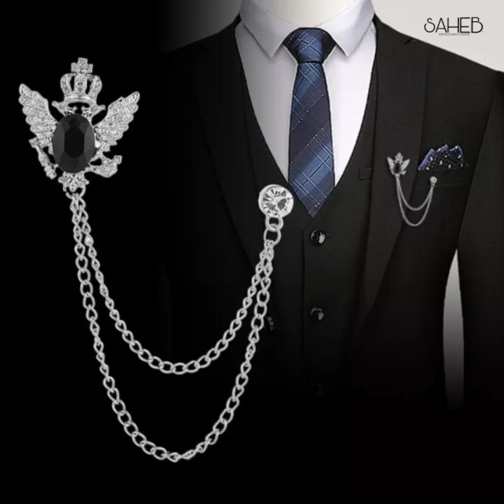 Eagle Wings Crystal Chain Brooch Metal Lapel Pin Brooches Suit Shirt Collar Men