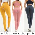 Knitted Autumn Outdoor Open Crotch Women's Peach Hip Sports Leggings Invisible Zipper Workout Pants Tight Gym Trousers.