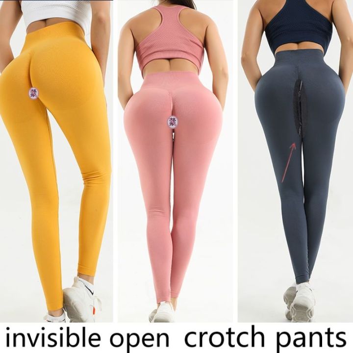 Knitted Autumn Outdoor Open Crotch Women's Peach Hip Sports Leggings Invisible Zipper Workout Pants Tight Gym Trousers