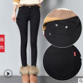 Pencil Pants For Women Winter Warm Skinny Femme Trousers With Velvet Inside Solid Slim Female Pants Plus Size Black. 