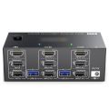 USB 3.0 KVM switch with three inputs, two outputs, and dual monitors - black.