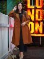 New Design Women Fashionable Winter Collection Premium Quality China Suit Leather Fabric Coffee Color Long Over Coats / Jacket / Suit For Women By Classical Mart. 