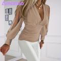 Mesh Sleeve Top Deep V Neck Mesh Patchwork Blouse for Women Stylish Ol Commute Shirt with Beaded Detailing Slim Fit Long Sleeves Women Slim Fit Shirt.