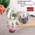 Double Wall Glass Cup Creative With Handles Heat Resistant Mug Dried Flower Filler Coffee Mug.