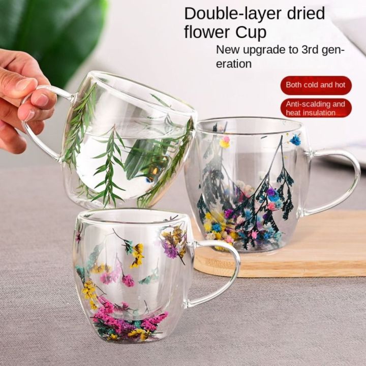 Double Wall Glass Cup Creative With Handles Heat Resistant Mug Dried Flower Filler Coffee Mug