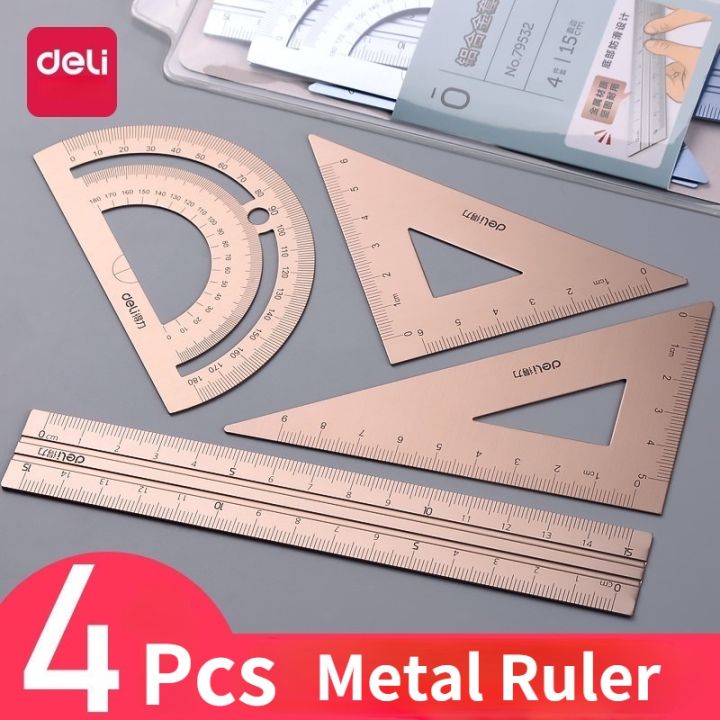 4 PCS Metal Ruler Set Square Ruler Triangle Protractor Metal Ruler Set Measure Draw School Office Supplies Scale Ruler Stationery