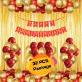 Happy Anniversary Decoration Combo Pack - Golden Foil Curtains Backdrop, Metallic Golden & Red Balloons With Red Anniversary Paper Banner For Anniversary Decoration Set Full Package- (Pack of 32 Pcs).