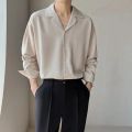Mature Men Clothing Senior Spring Cuban Neck Shirt for Men Solid Color Fashion Loose Casual Drop Long Sleeve Men Dress Shirt.
