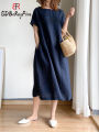 Summer Women Dress Casual Loose Short Sleeve A-LINE Oversize Solid Midi Dress Cotton Linen Dresses for Women Vestidos De Mujer.