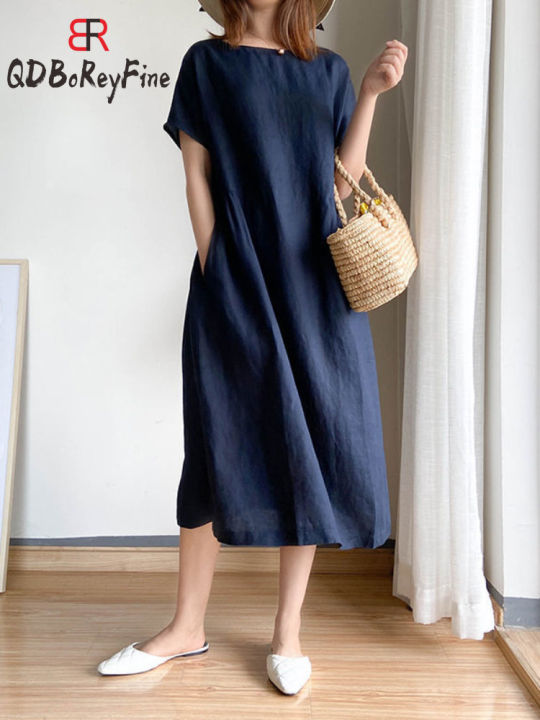 Summer%20Women%20Dress%20Casual%20Loose%20Short%20Sleeve%20A-LINE%20Oversize%20Solid%20Midi%20Dress%20Cotton%20Linen%20Dresses%20for%20Women%20Vestidos%20De%20Mujer%20-%20Image%203