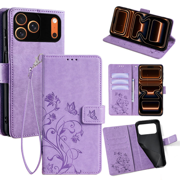 Butterfly Pattern PU Leather Flip Wallet Case for iPhone 17 16 15 14 13 Pro Max 12 11 XR XS with Card Slots Soft TPU Protective Cover