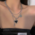 Trendy Punk Mosaic Pixel Double Layer Necklace Charm Gothic Clavicle Chain Metal Black Heart Pendant Necklace for Women Girls Party Jewelry Gift.