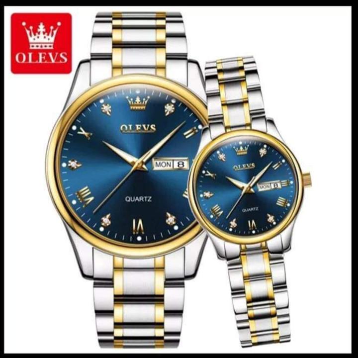 OLEVS 5563 Silver And Golden Two-tone Stainless Steel Analog Wrist Watch For Couple - RoyalBlue & Silver & Golden