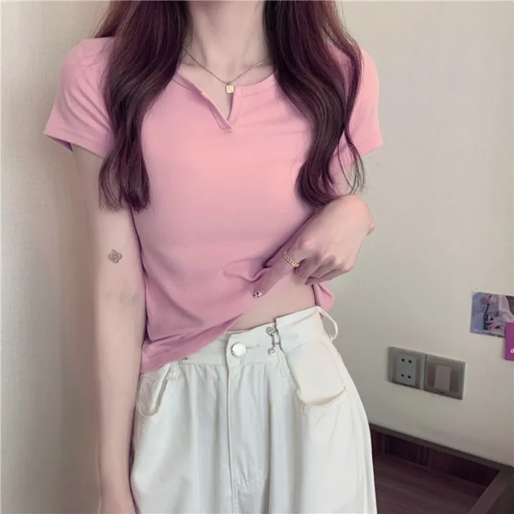 Short%20Women's%20Summer%20Design%20Sense%20Pink%20Slim-Fit%20Navel%20Hot%20Girl%20Women's%20Clothing%20T%20T-shirt%20Short%20Sleeve%202024%20Summer%20New%20Clothes%20-%20Image%204