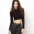 Women Slim Soft Elastic Turtleneck Solid Crop Tops Girl Long Sleeve Short T-Shirts Tees Female Spring Autumn Short Casual Tee.
