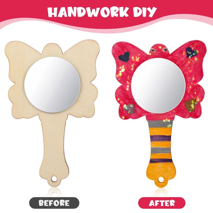 18 Pcs Wood Crafts Kids Mirrors Small Unfinished Mini Wooden Princess Mirror DIY Painting Mirrorshandheld Child