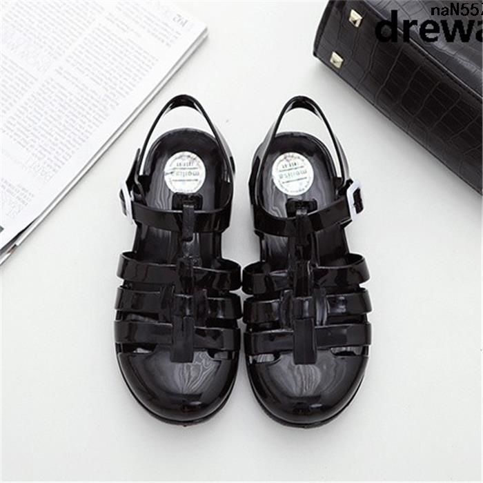 Closed Toe Sandals Transparent Crystal Shoes Shoes Ma Pingluo Rain Boots ︸ Plastic Heel Gel Shoes Cool Sling Flat Top Summer Women's Plastic ~