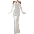 Women's Solid Color Satin Long Dress, Slit Long Sleeve Off Shoulder Backless Back Zipper Slim Dress for Party Club.