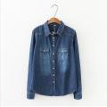 Autumn Women Lapel Button Blue Long Sleeves Denim Jean Shirts Pocket Slim Jeans tops Blouse Plus Size blusas mujer. 