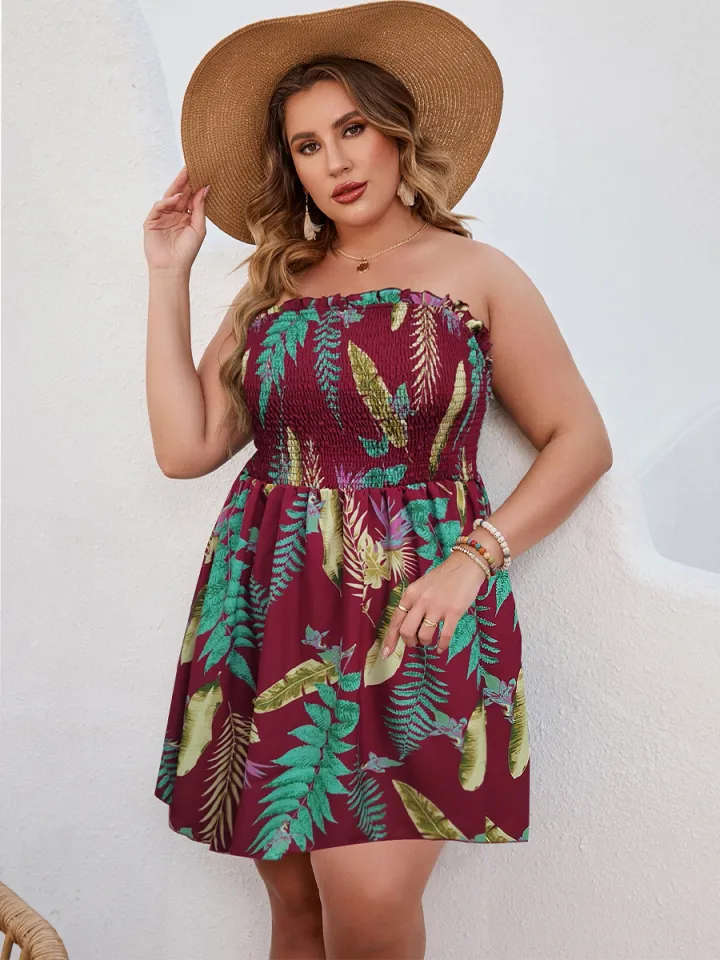 Finjani Women's Plus Size Dresses Backless Tropical Print Shirred Tube  Dress Casual Clothing For Summer New