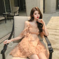 Fairy Dress Western Style off-Neck off-Shoulder Backless Ruffled Stitching Waist-Controlled Slimming Suspender Dress. 