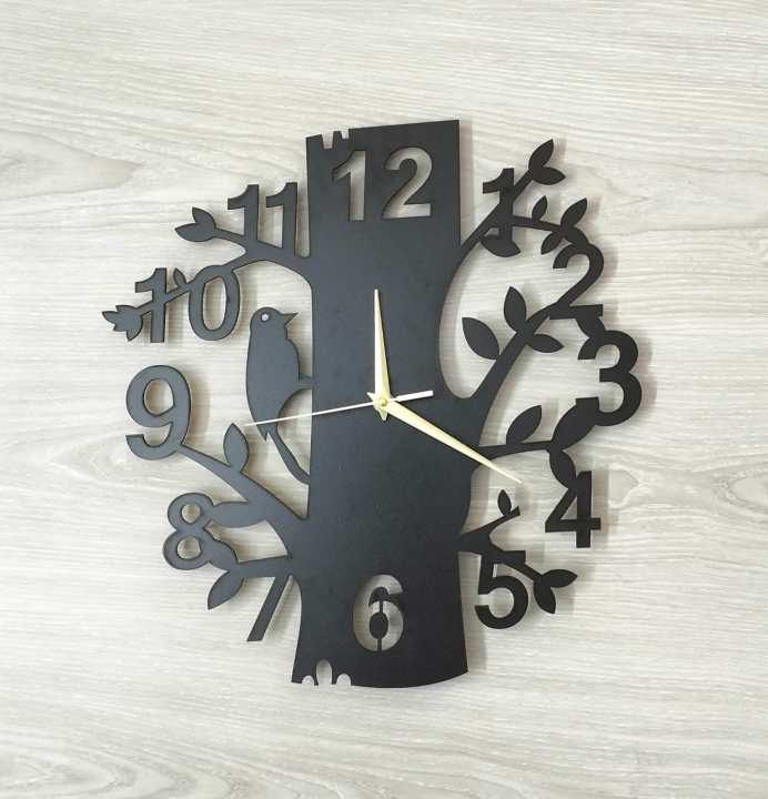 wall Clock Tree Birds Shaped tree with wooden bird Laser Cut Designer Wooden Wall Clock color wooden and family black