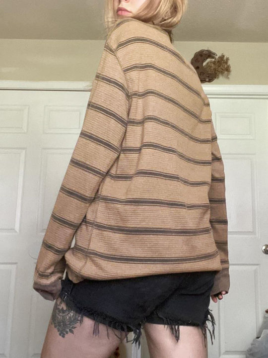 Women%20Fairy%20Grunge%20Knit%20Basic%20Shirt%20Autumn%20Y2K%20Grey%20Black%20Striped%20Long%20Sleeve%20Round%20Neck%20Tops%20Emo%20Tee%20-%20Image%204
