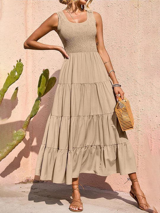 Dresses For Women 2024 Summer Elegant Sleeveless Floral Solid Color Long Dress Fashion Elastic Waist Beach Party Big Swing