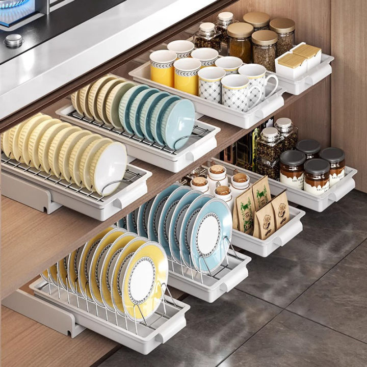 Kitchen Pull-out Dish Rack Drawer Drying Rack Sliding Bowls Dishes