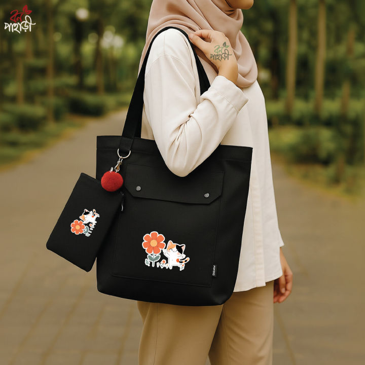 Trendy Top Handle Tote DTF Canvas Bag, Black Color Canvas Fabric and Shopping Bag / College / University Bag, Tote Bag, Canvas Bag with DTF Pouch/Pencil Bag/Cosmetic Bag.