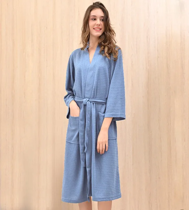 Ladies%20Waffle%20Cotton%20Bathrobe%20Kimono%20Robe%20Knee%20Length%20for%20Winter%20and%20Summer%20-%20Image%203