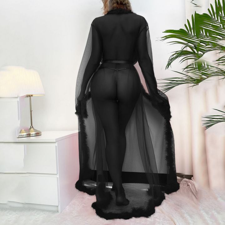 Women%20Robe%20Long%20Nightgown%20Bathrobe%20Sleepwear%20Feather%20Bridal%20Robe%20Lace%20Lingerie%20Night%20Wear%20Bathrobes%20Mesh%20Sheer%20See%20Through%20Robe%20-%20Image%206