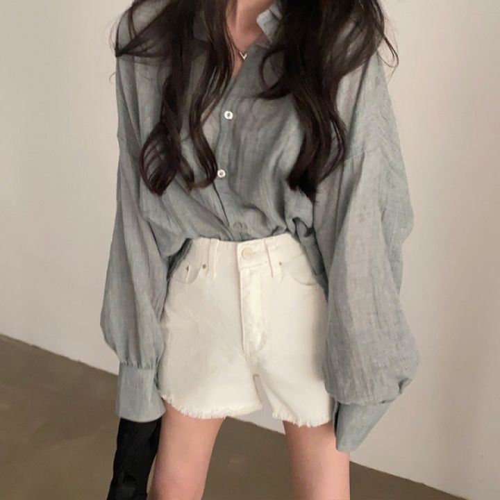Korean Style chic New Summer Lapel Long Sleeve Shirt Women's Loose and Idle Lantern Sleeve Sun Protection Shirt for Air Conditioned Rooms