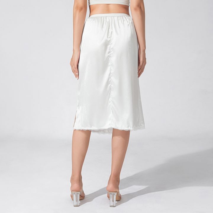 Women's%20Half%20Slips%20Elastic%20Waist%20Solid%20Color%20Satin%20Underskirt%20Lace%20Trim%20Skirt%20for%20Under%20Dresses%20Female%20Bottoming%20Underskirt%20-%20Image%204