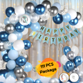 Birthday Decoration Combo Set – Blue-Themed Metallic Balloons, Card Banner, Net Curtain, Fairy Light & Balloon Arch Kit (111 Pcs). 