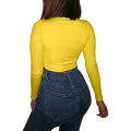 Womens Basic Top, Long Sleeve Mock Neck Solid Color Slim Fit Crop Stretchy Blouse Tee. 