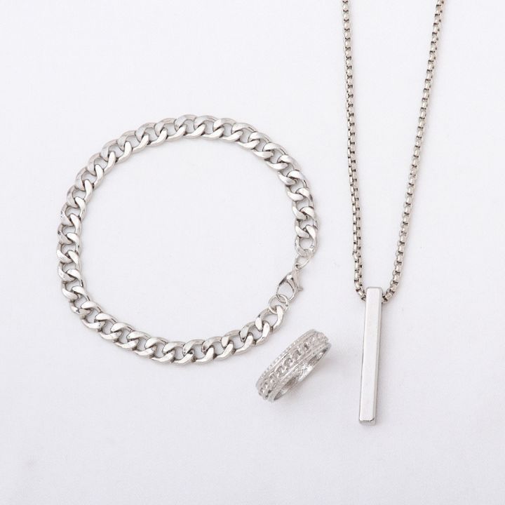3pcs%20Trendy%20Stainless%20Steel%20Square%20Pendant%20Chain+Bracelet%20+Ring%20for%20Men%20-%20Sleek%20&%20Classic%20Design%20-%20Image%203
