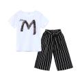 Teen Kids Girls Letter Sequin T-shirt Short Sleeve Tops Stripe Pants Outfits Set. 
