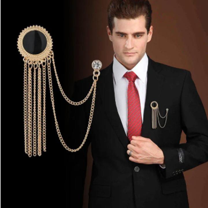 New Fashion Metal Rhinestone Crystal Brooch Men's Suit Shirt Collar Pin Black Tassel Corsage Brooches Jewelry Accessories