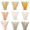 25pcs Metallic Gold heart star Foil Stripe Paper Straws Disposable Tableware Wedding Decor Baby Shower Birthday Party Supplies.