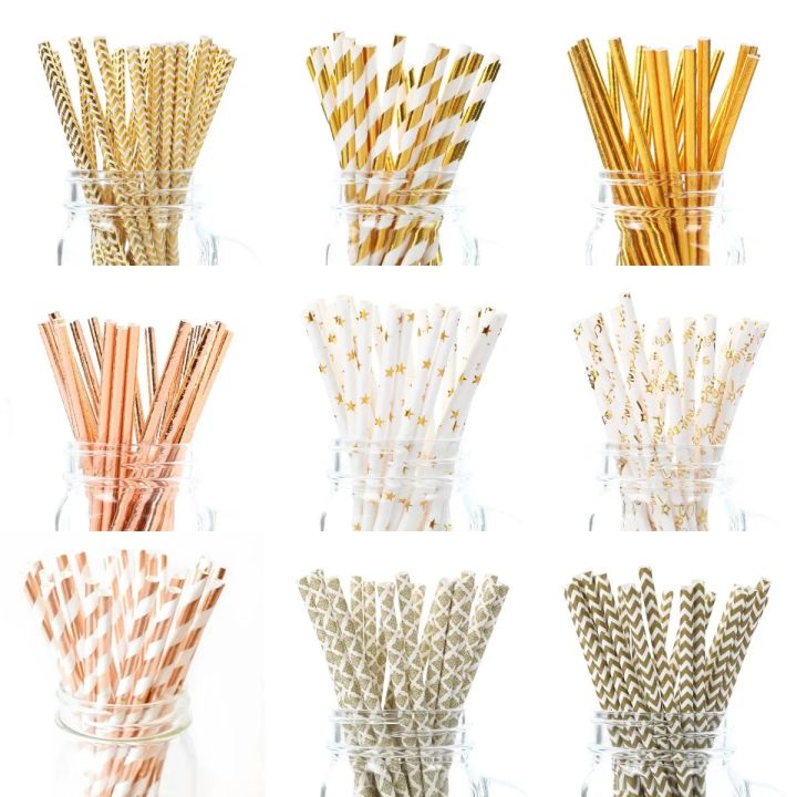 25pcs Metallic Gold heart star Foil Stripe Paper Straws Disposable Tableware Wedding Decor Baby Shower Birthday Party Supplies