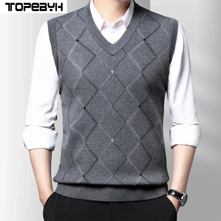 New Business Casual Men's Tank Top Printed Knitted Sweater Tank Top Autumn New Mens Vest Clothes