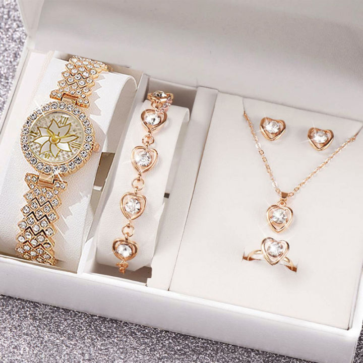 Women's Petal Gold 6pcs Quartz Watches Set and Heart Necklace