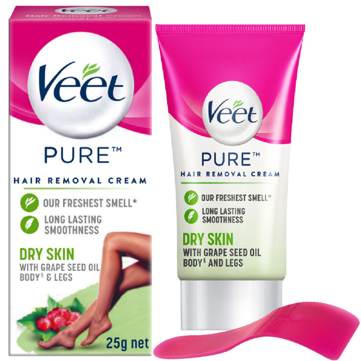 Veet Pure™ Hair Removal Cream 25g Dry Skin for Body & Legs, Freshest Smell with Grape Seed Oil Leaves Skin Feeling Smooth, Moisturized & Visibly Glowing, Dermatologically Tested