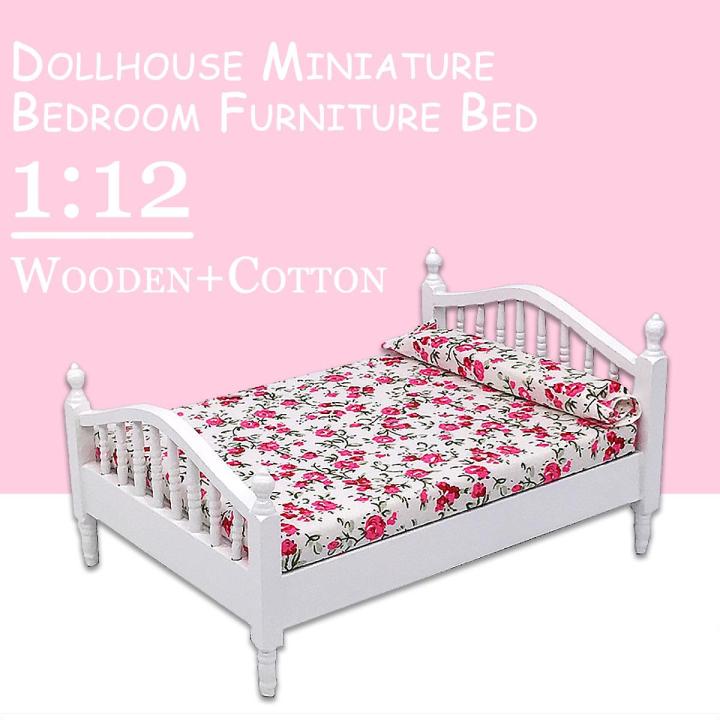 1:12 Dollhouse Miniature Bedroom Furniture Wooden Bed With Mattress White European
