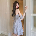 Fairy Dress Western Style off-Neck off-Shoulder Backless Ruffled Stitching Waist-Controlled Slimming Suspender Dress. 