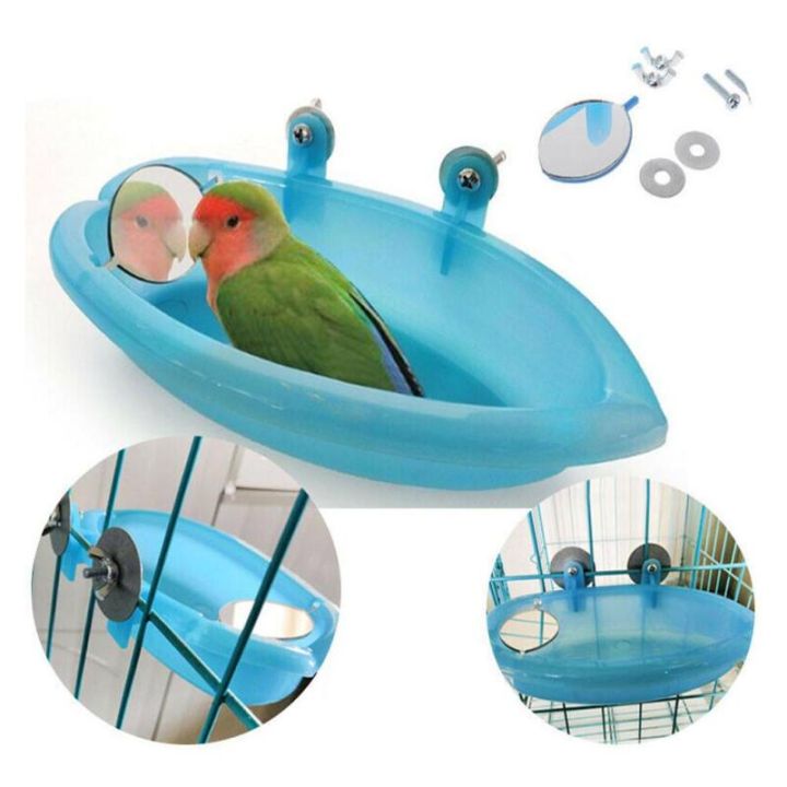 Bird Water Bath Tub For Pet Cage Hanging Bowl Parrot Parakeet Bird Bath+Mirror Birdbath